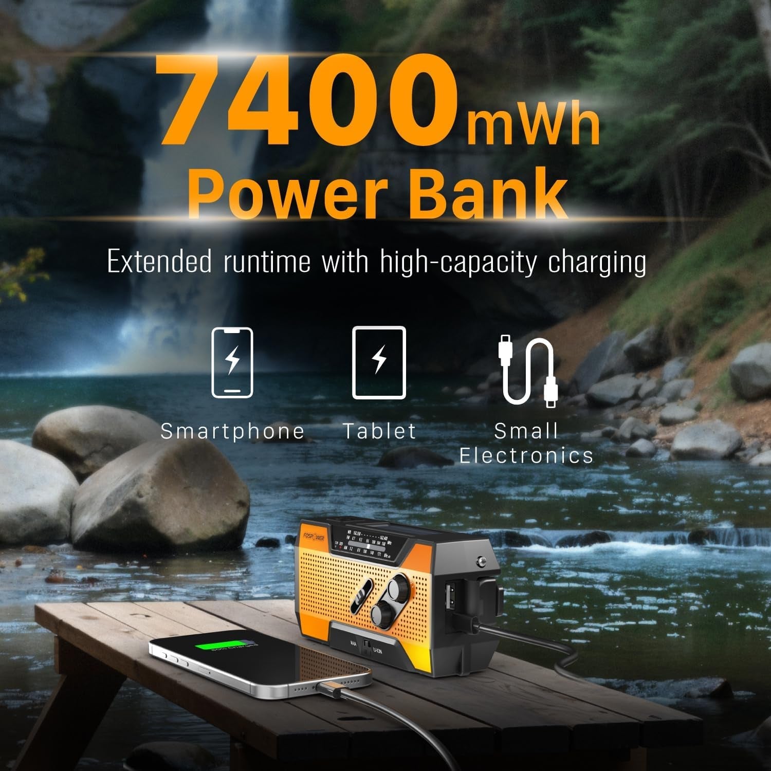 Fospower NOAA Emergency Weather Radio A1 7400Mwh Portable Power Bank, AM/FM, Usb/Solar/Hand Crank Charging, Battery Operated, SOS Alarm & Flashlight for Indoor/Outdoor Emergency - Orange