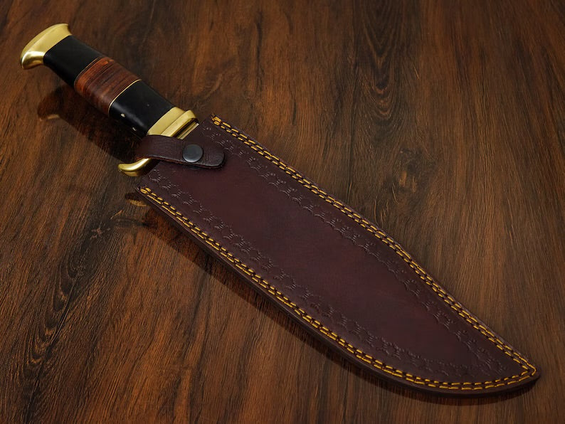 Premium J2 Steel Crocodile Dundee Bowie Knife – 16” with Brass Guard, Buffalo Horn & Leather Handle | Custom Handmade Knife with Leather Sheath