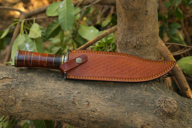 Handcrafted Damascus Steel Bowie Knife | Rosewood & Brass Handle with Damascus Steel Guard | Includes Leather Sheath