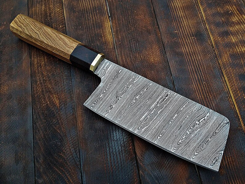 Japanese Cleaver Knife – 10" Damascus Steel with Rosewood & Resin Handle | Leather Sheath