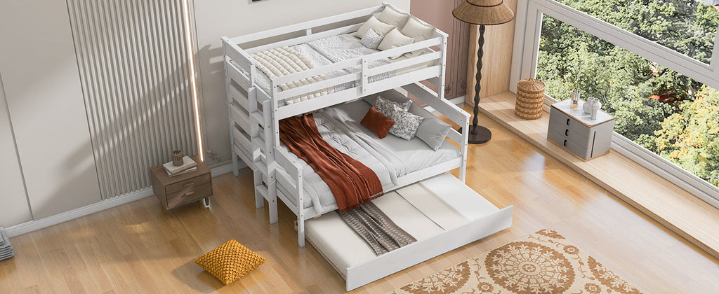 Wood Twin over Full Bunk Bed with Twin Size Trundle  White