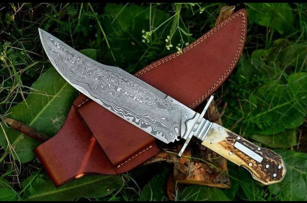 Custom Handmade Damascus Steel Classic Clip Point Bowie Knife with Rosewood Handle & Leather Sheath
