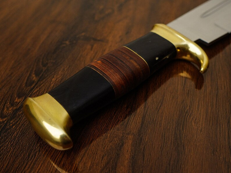 Premium J2 Steel Crocodile Dundee Bowie Knife – 16” with Brass Guard, Buffalo Horn & Leather Handle | Custom Handmade Knife with Leather Sheath