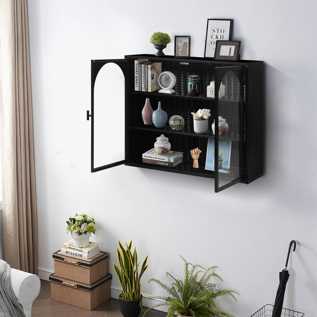 27.56"Glass Doors Modern Two-door Wall Cabinet with Featuring Three-tier Storage Black
