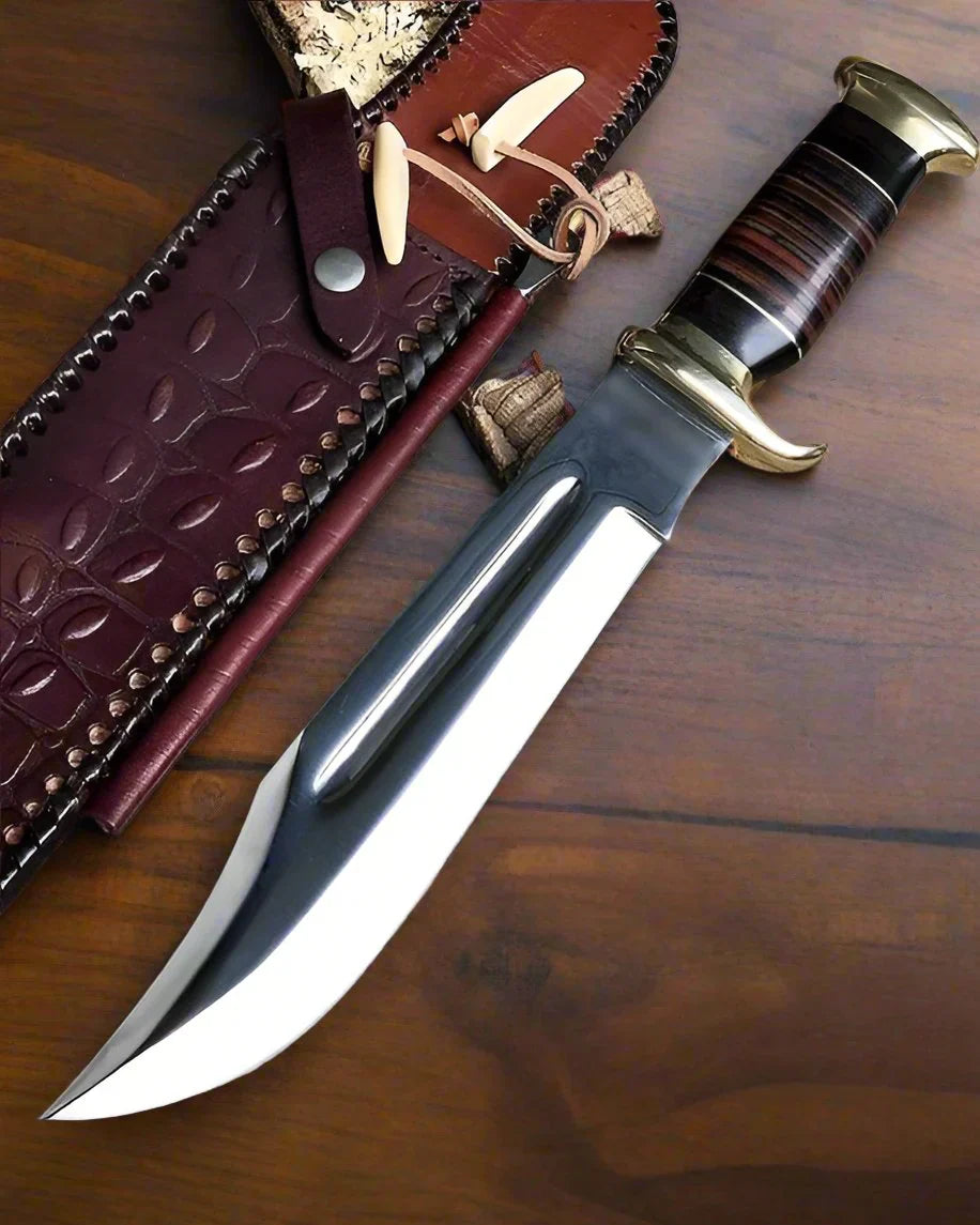 Custom Handmade D2 Steel Dundee Bowie Knife – 15” Buffalo Horn & Leather Grip with Sheath