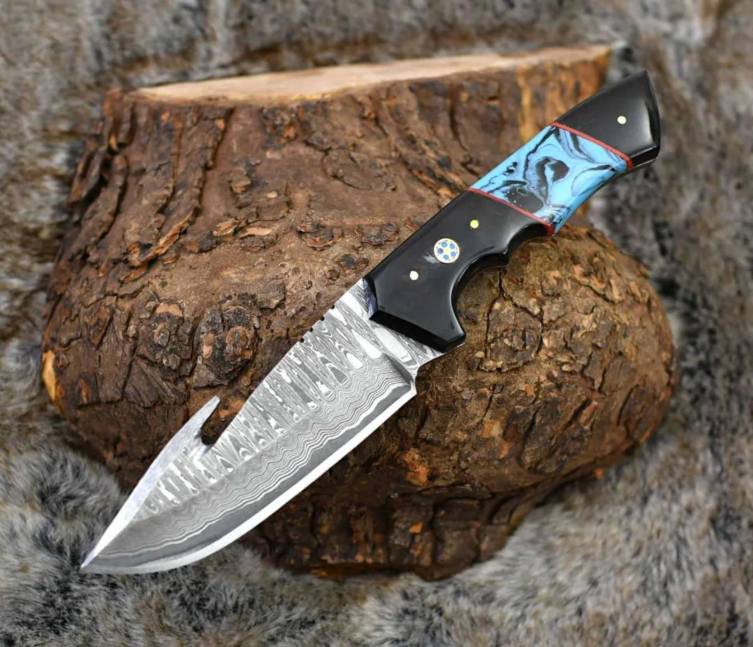 DAMASCUS EVOKE HOOK KNIFE, Resin & TURQUOISE HANDLE