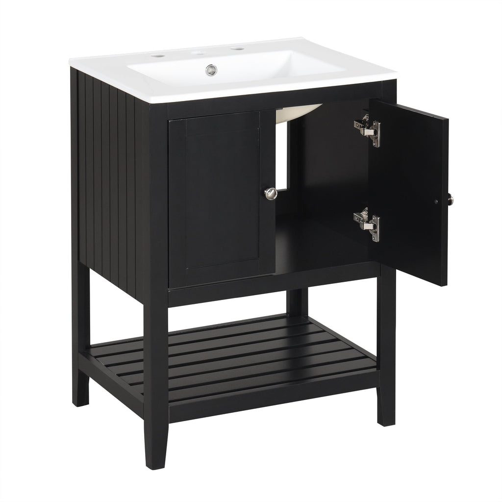 24" Black Modern Sleek Bathroom Vanity Elegant Ceramic Sink with Solid Wood Frame Open Style Shelf