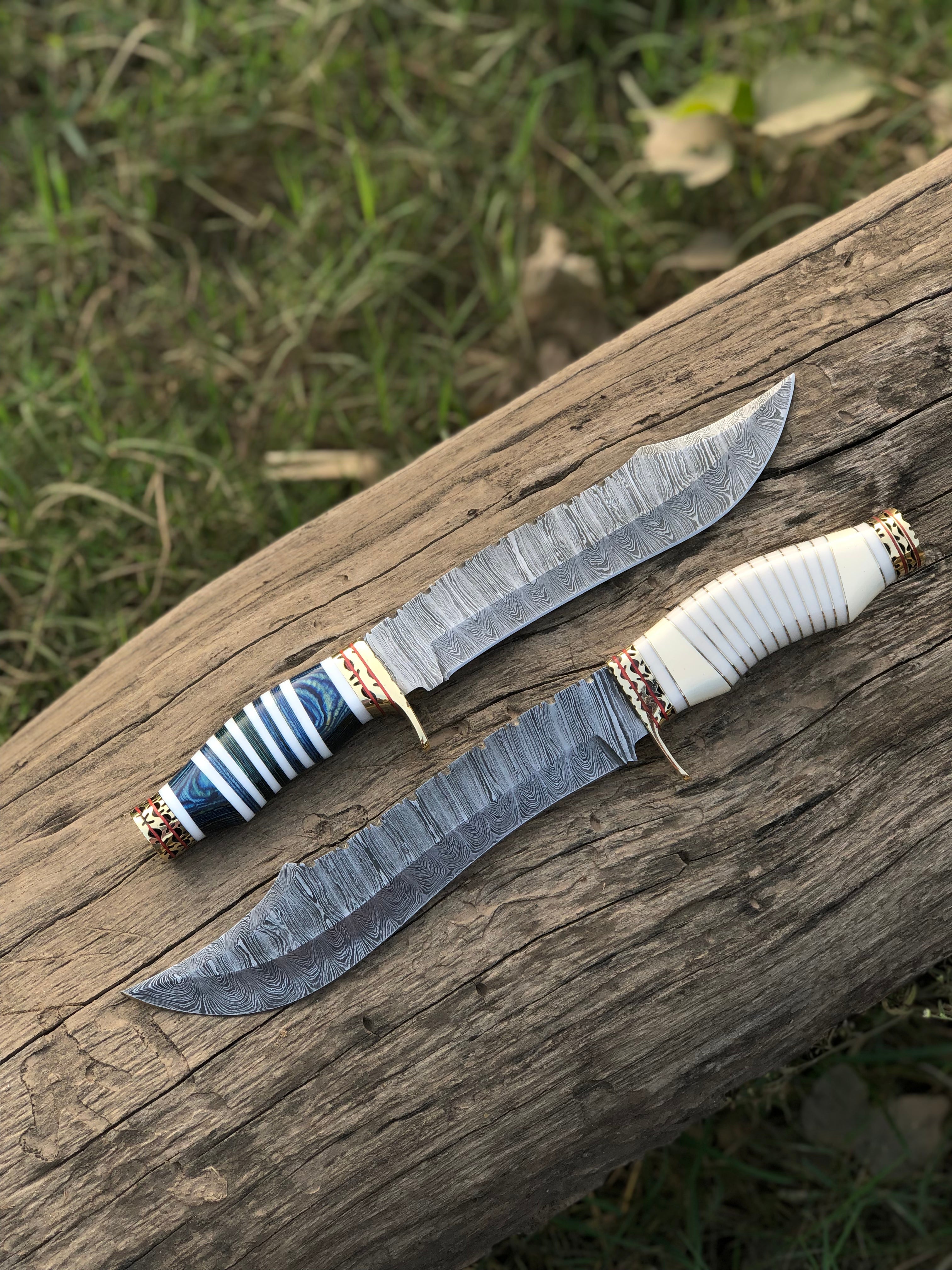 Custom Handmade Damascus Steel Bowie Knife with Brass Guard, Camel Bone and Brass Wood Handle - 13”