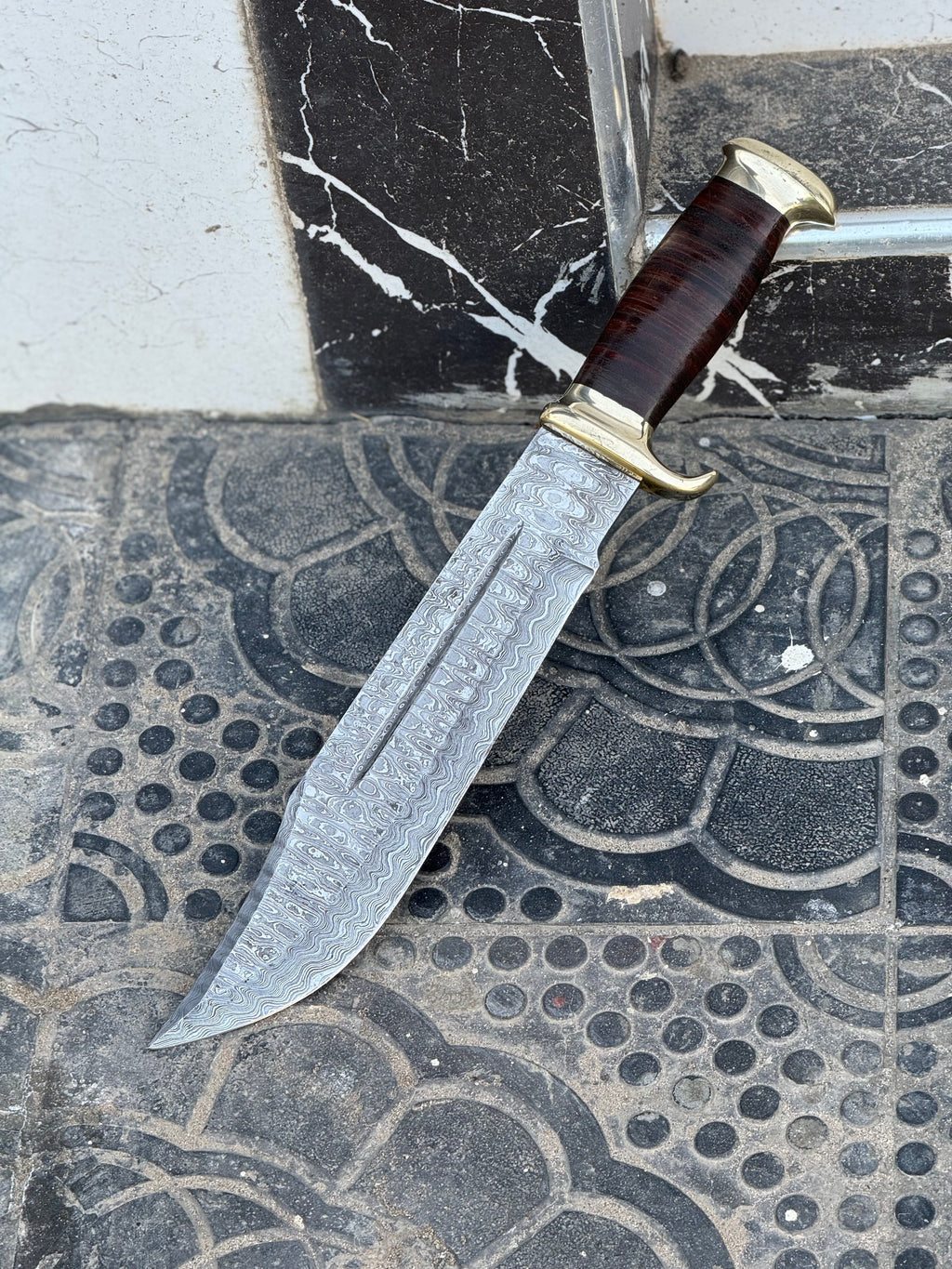 Custom Handmade Damascus Steel Crocodile Dundee Bowie Knife with Brass Guard and Leather Handle - 16”