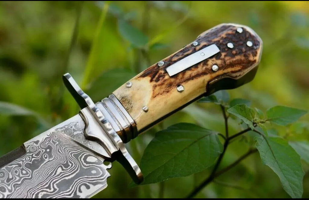 Custom Handmade Damascus Steel Classic Clip Point Bowie Knife with Rosewood Handle & Leather Sheath