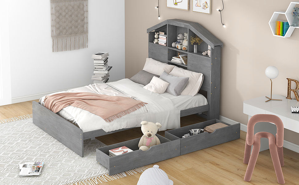 Full Size Wood Platform Bed with House-shaped Storage Headboard and 2 Drawers Gray