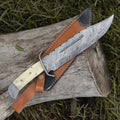 Handmade Damascus Steel Bowie Knife with Camel Bone Handle & Leather Sheath – Custom Craftsmanship