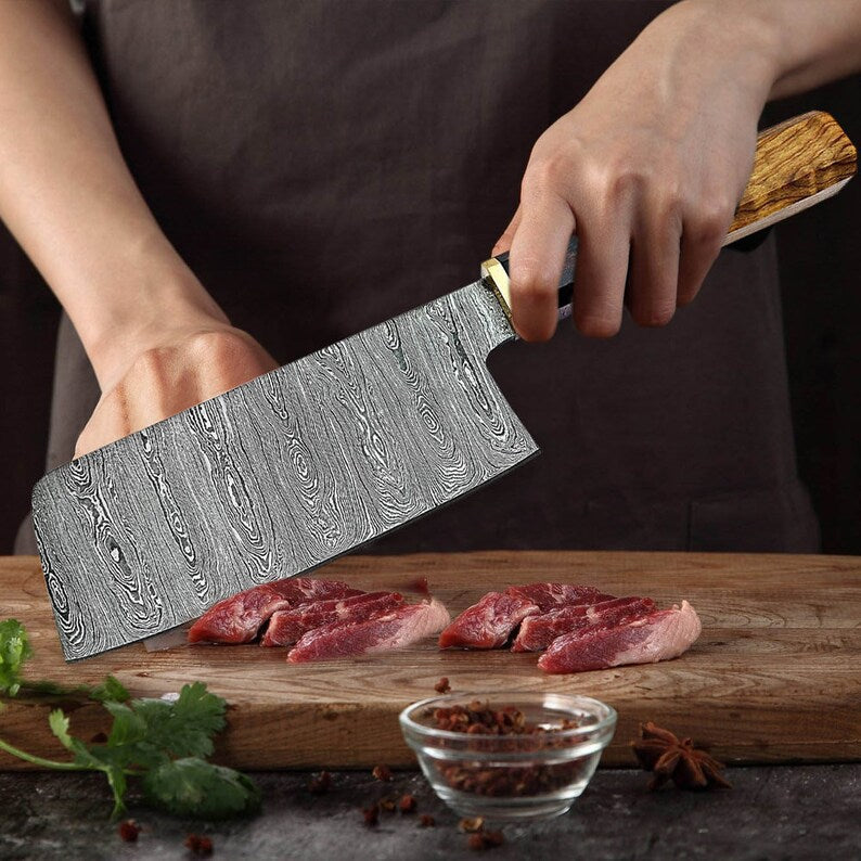 Japanese Cleaver Knife – 10" Damascus Steel with Rosewood & Resin Handle | Leather Sheath