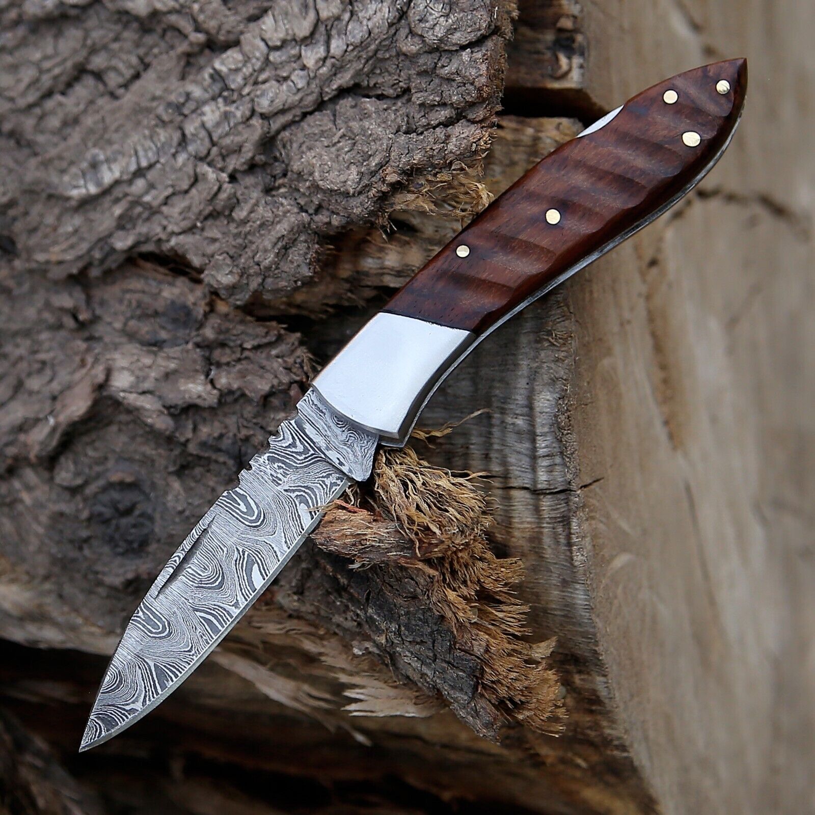 Custom Handmade Damascus Steel Pocket Knife with Rosewood Handle & Steel Bolster – 3" Overall Length, Includes Leather Sheath