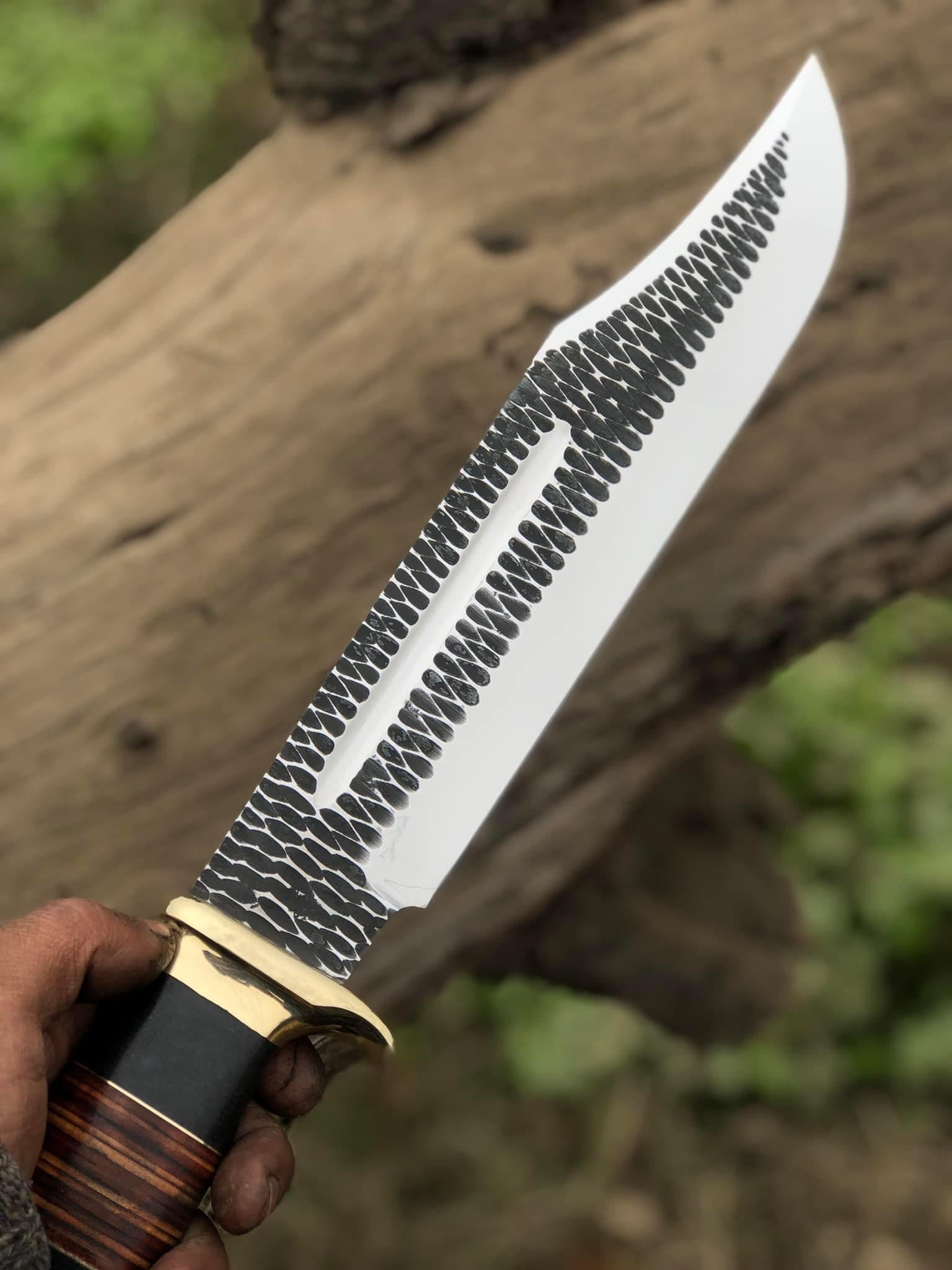 Custom Handmade J2 Steel Hand-Forged Bowie Knife with Brass Guard and Leather Handle - 16”