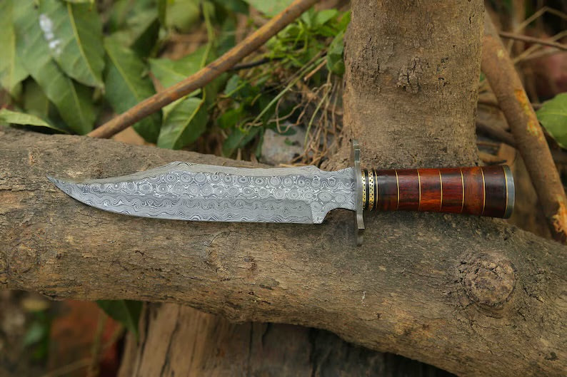 Handcrafted Damascus Steel Bowie Knife | Rosewood & Brass Handle with Damascus Steel Guard | Includes Leather Sheath