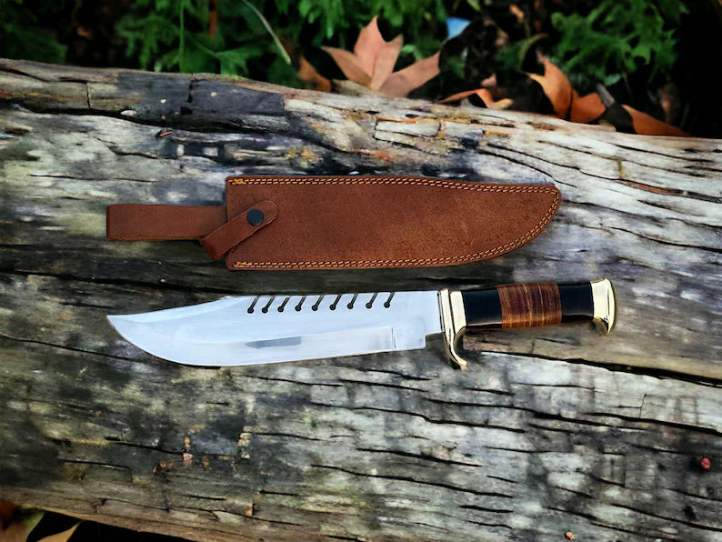 Crocodile Dundee Bowie Knife with Brass Guard and Buffalo Horn Handle – Premium Leather Sheath Included