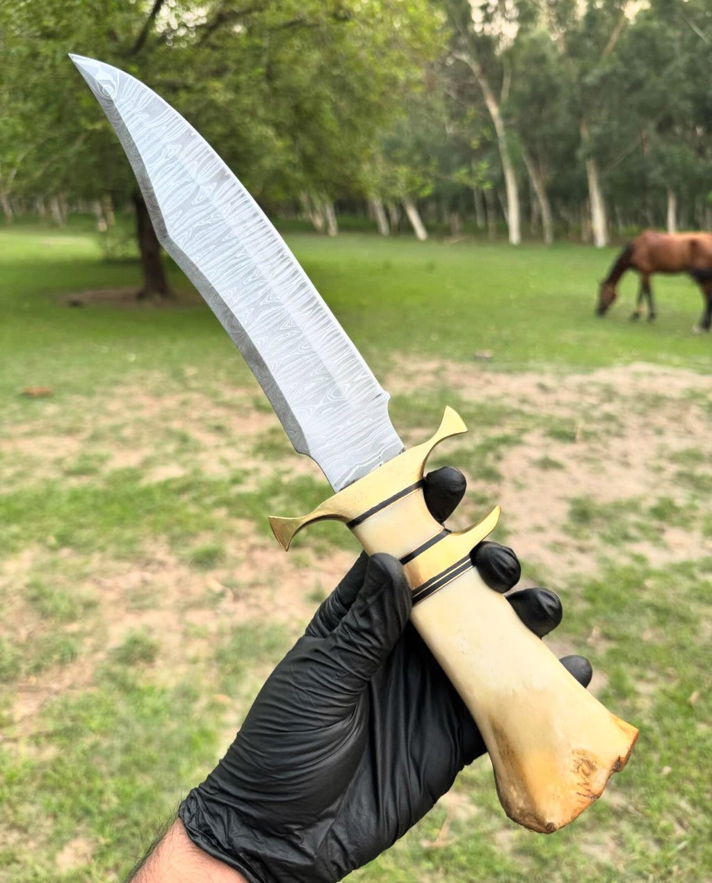 Luxurious Custom Handmade 16” Damascus Steel Bowie Knife with Brass Guard and Camel Bone Handle, Complete with Leather Sheath