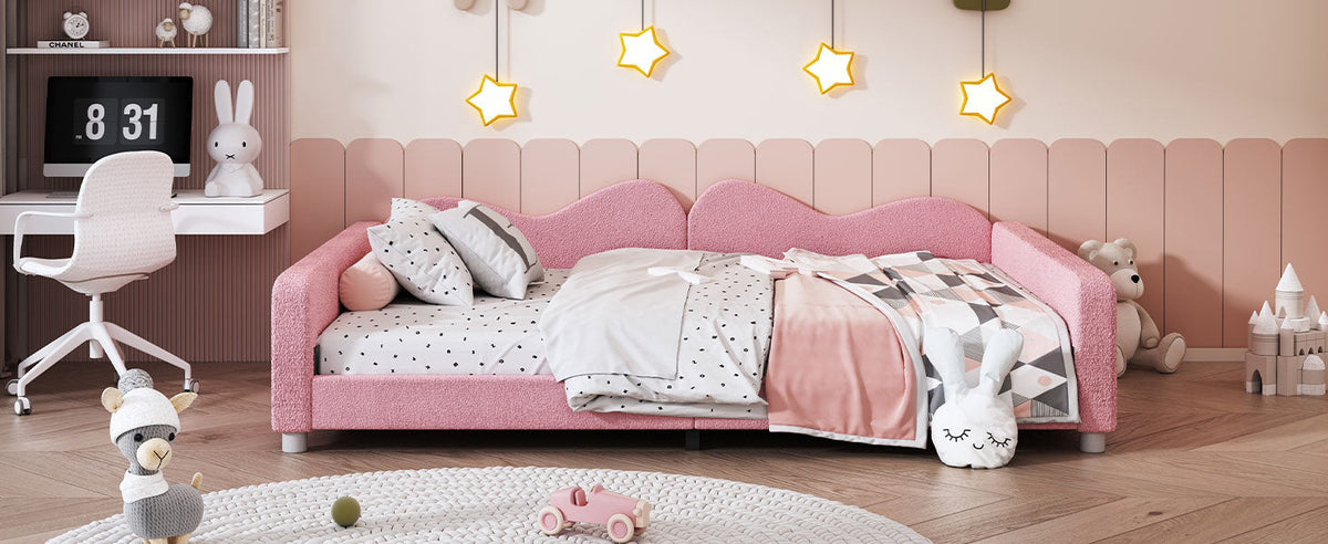 Full size Upholstered Daybed, Sherpa Fabric Sofabed with Cloud-Shaped Backrest, No Box-spring Needed, Pink