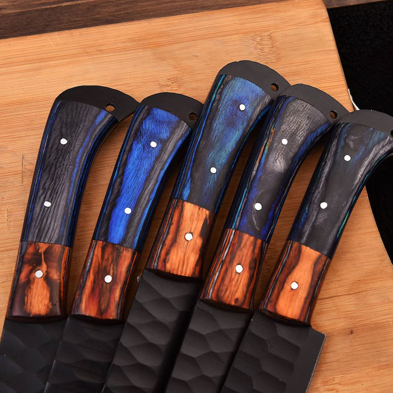 Hand Forged Damascus steel chef set of 5 knives Kitchen knife Gift for her Christmas gift Camping knife Gift for him Groomsmen gift