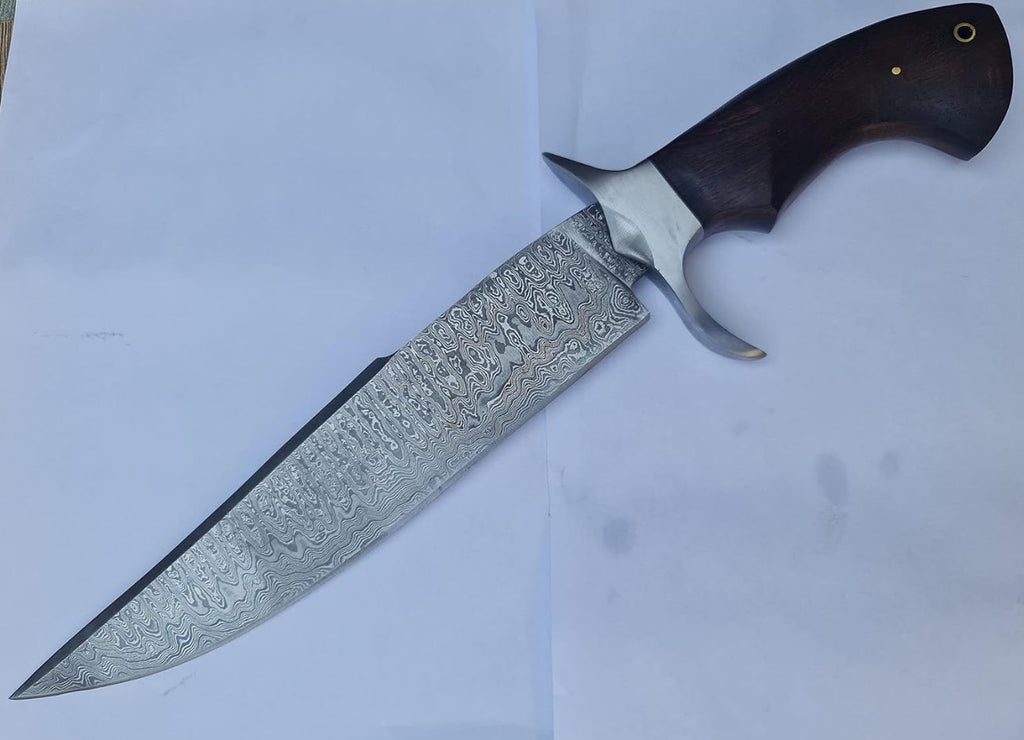 Premium Custom Handmade 15” Damascus Steel Bowie Knife with Rosewood Handle & Steel Guard – Includes Leather Sheath