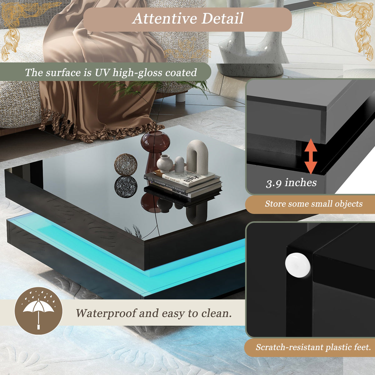 ON-TREND High Gloss Minimalist Design with LED Lights 2-Tier Square Coffee Table Black