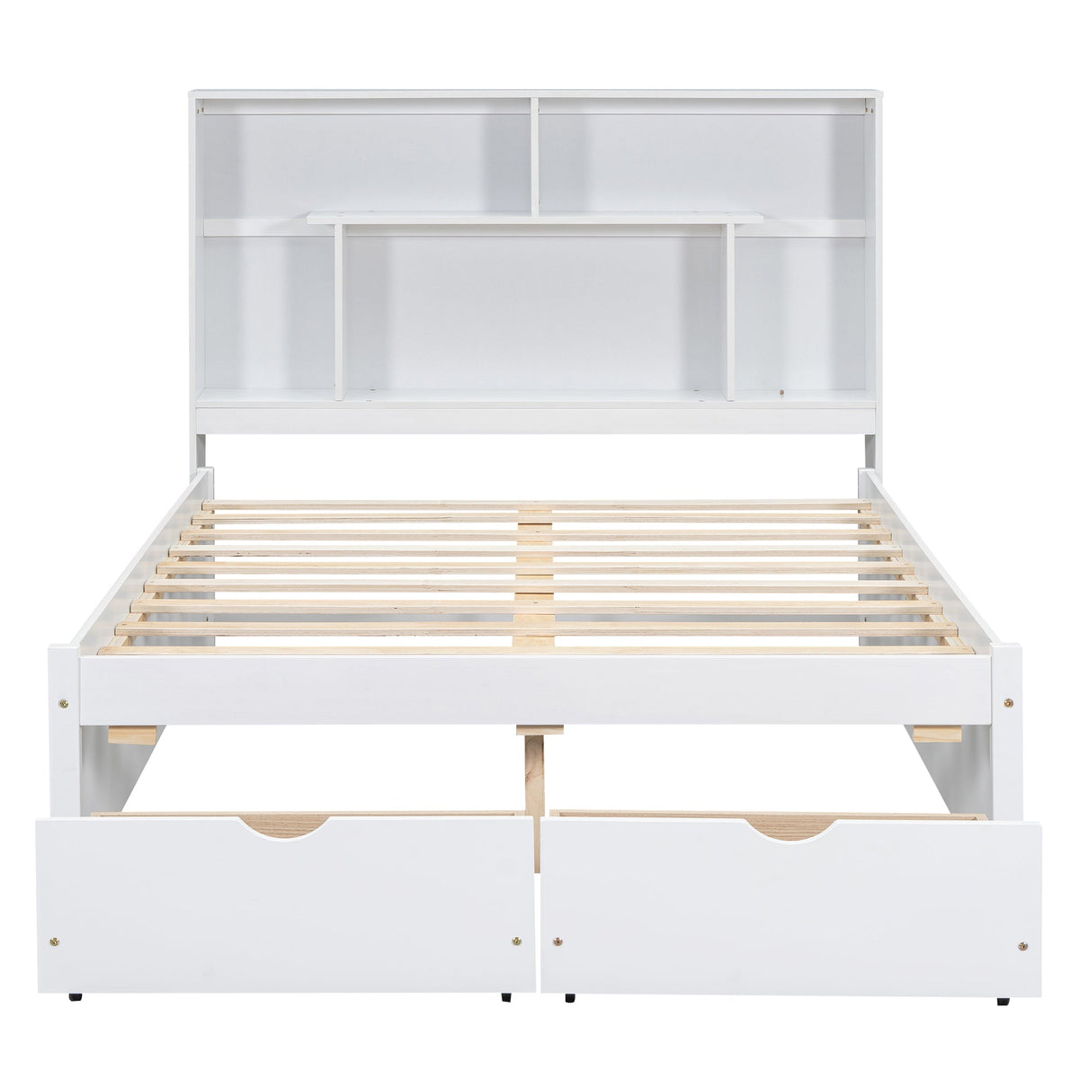 Full Size Platform Bed with Storage Headboard and 2 Drawers, White