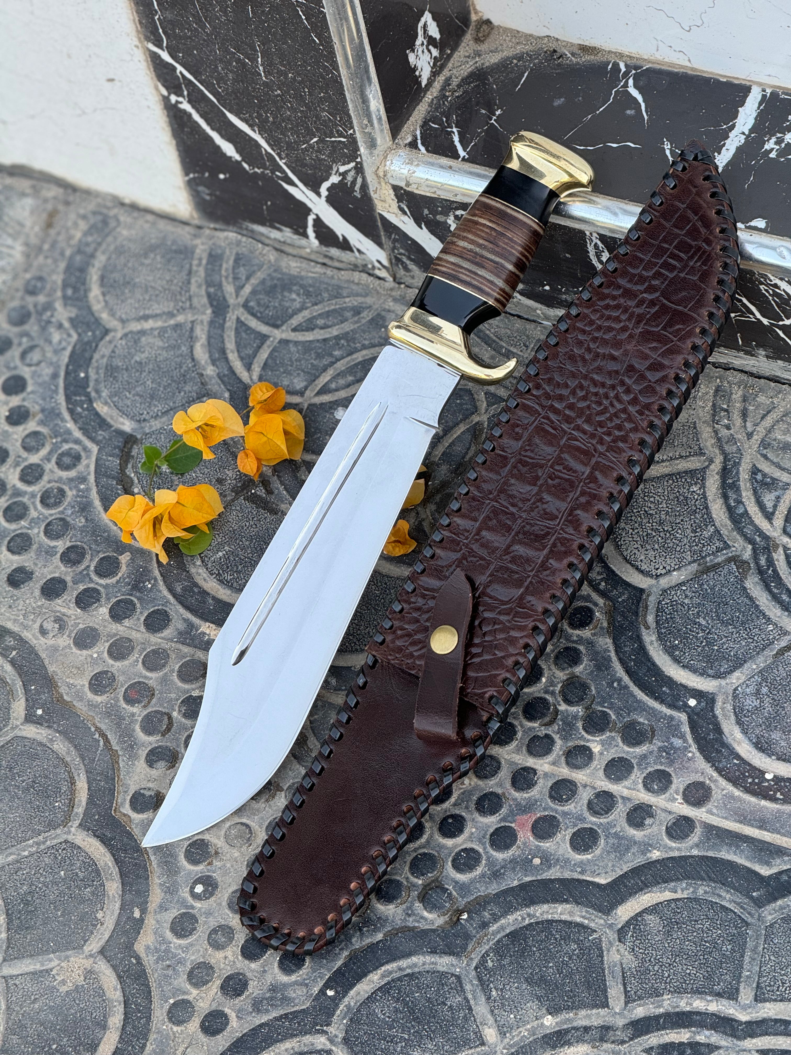 Custom Handmade J2 Steel Crocodile Dundee Bowie Knife with Brass Guard and Leather Handle - 16”
