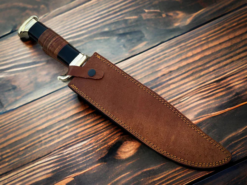 Crocodile Dundee Bowie Knife with Brass Guard and Buffalo Horn Handle – Premium Leather Sheath Included