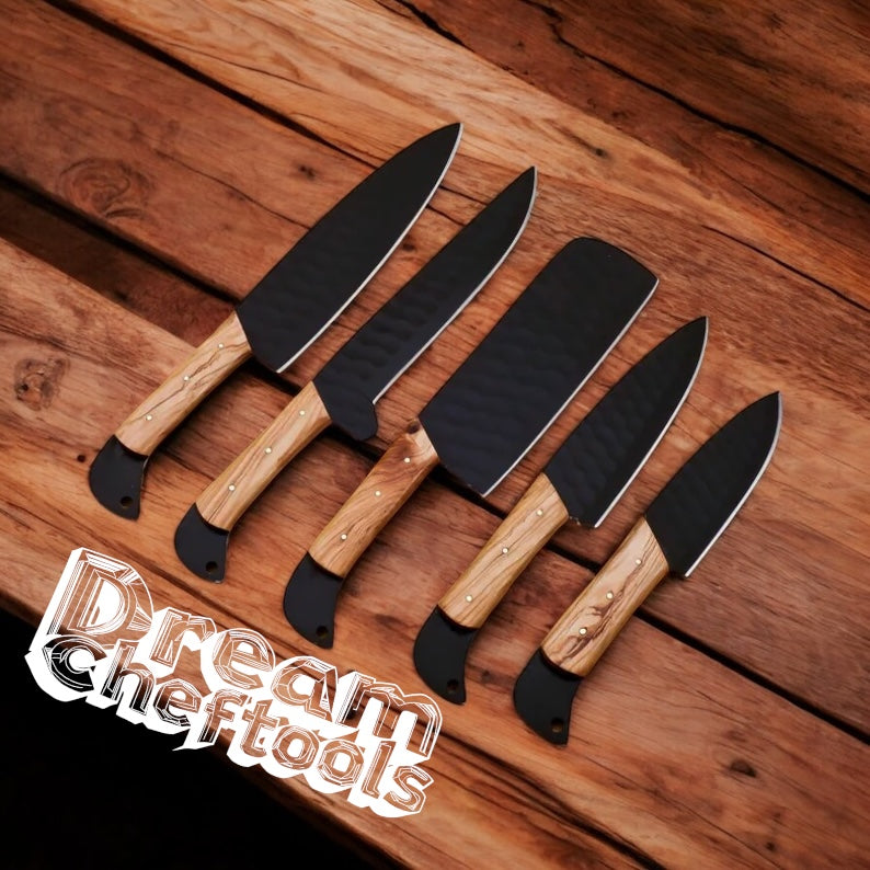Stainless Steel Knife Set – D2 Blades with Camel Bone & Olive Wood Handles in Leather Roll