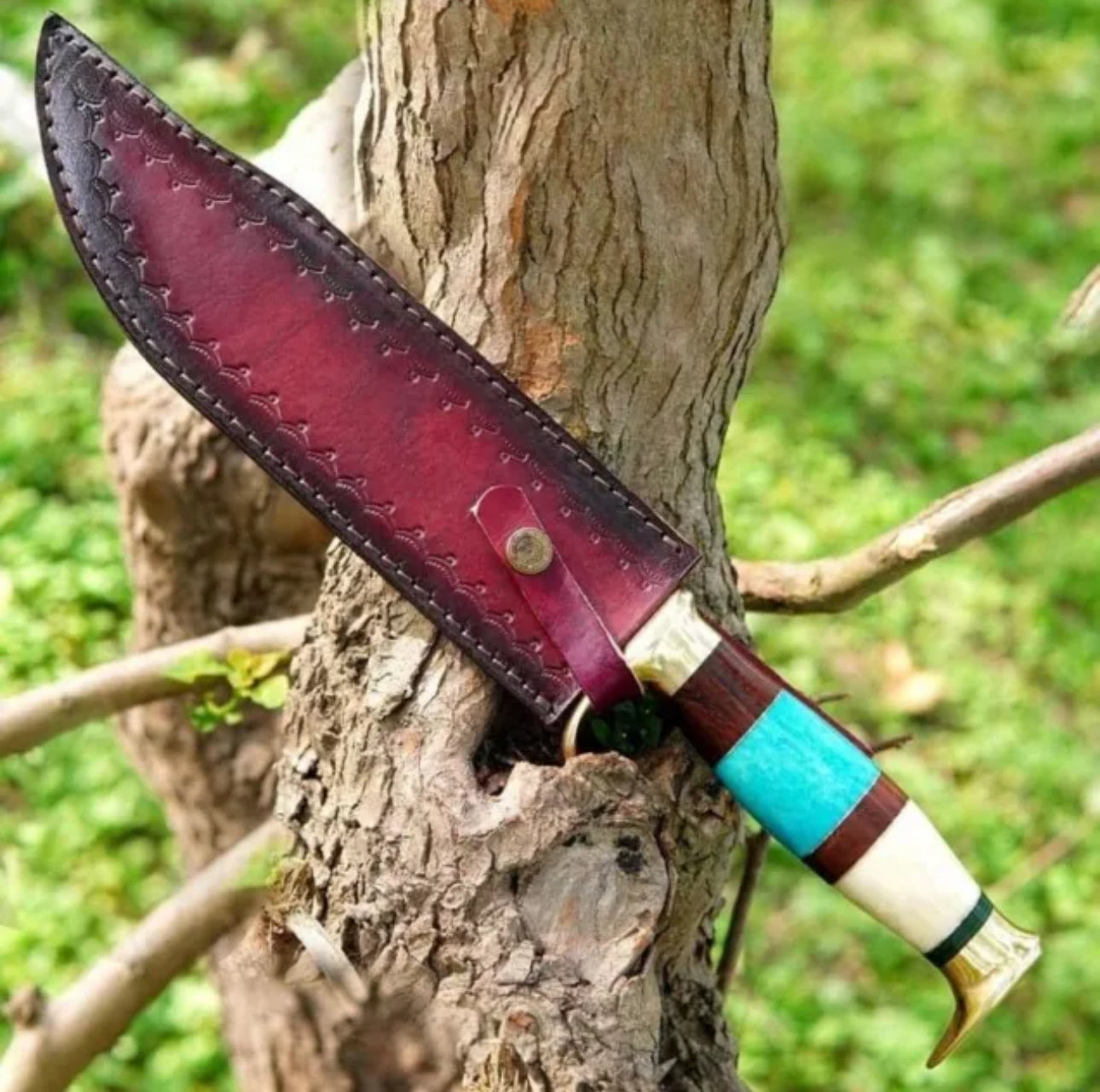 Custom Handmade Damascus Steel Bowie Knife with Brass Guard & Color Bone Handle | Leather Sheath Included