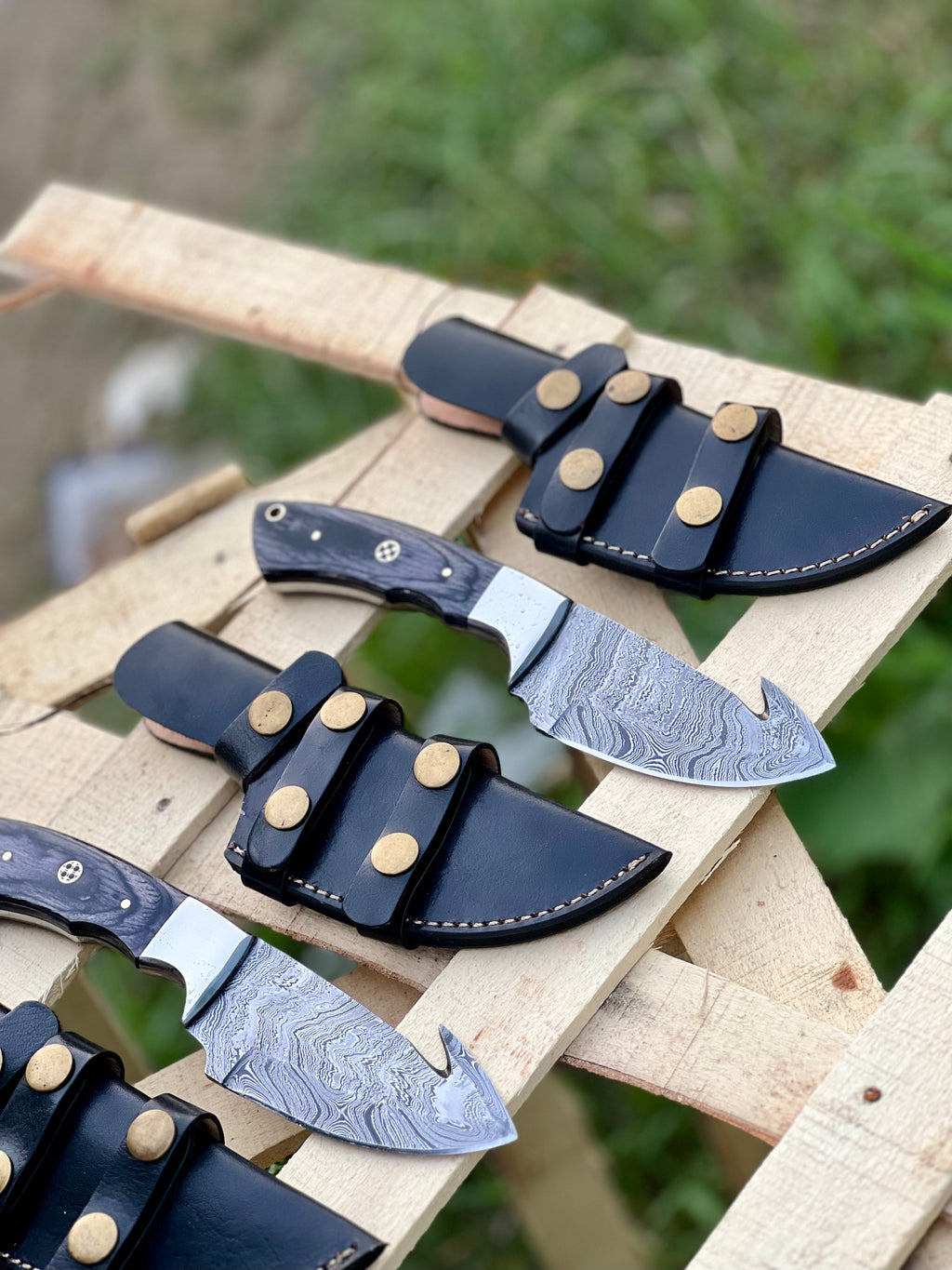Custom handmade Damascus steel Guthook skinning knife