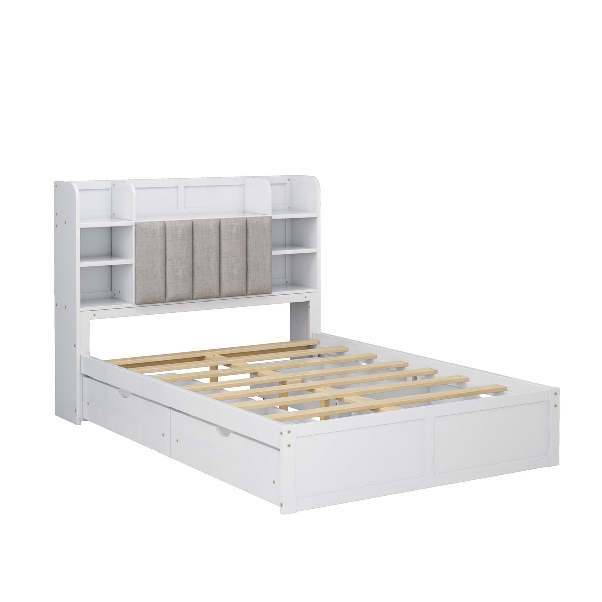 Multi-functional Full Size Bed Frame with 4 Under-bed Portable Storage Drawers and Multi-tier Bedside Storage Shelves White