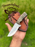 Handmade 8" Rasp Steel Hunting Knife with Sheep Horn Handle & Leather Belt Sheath