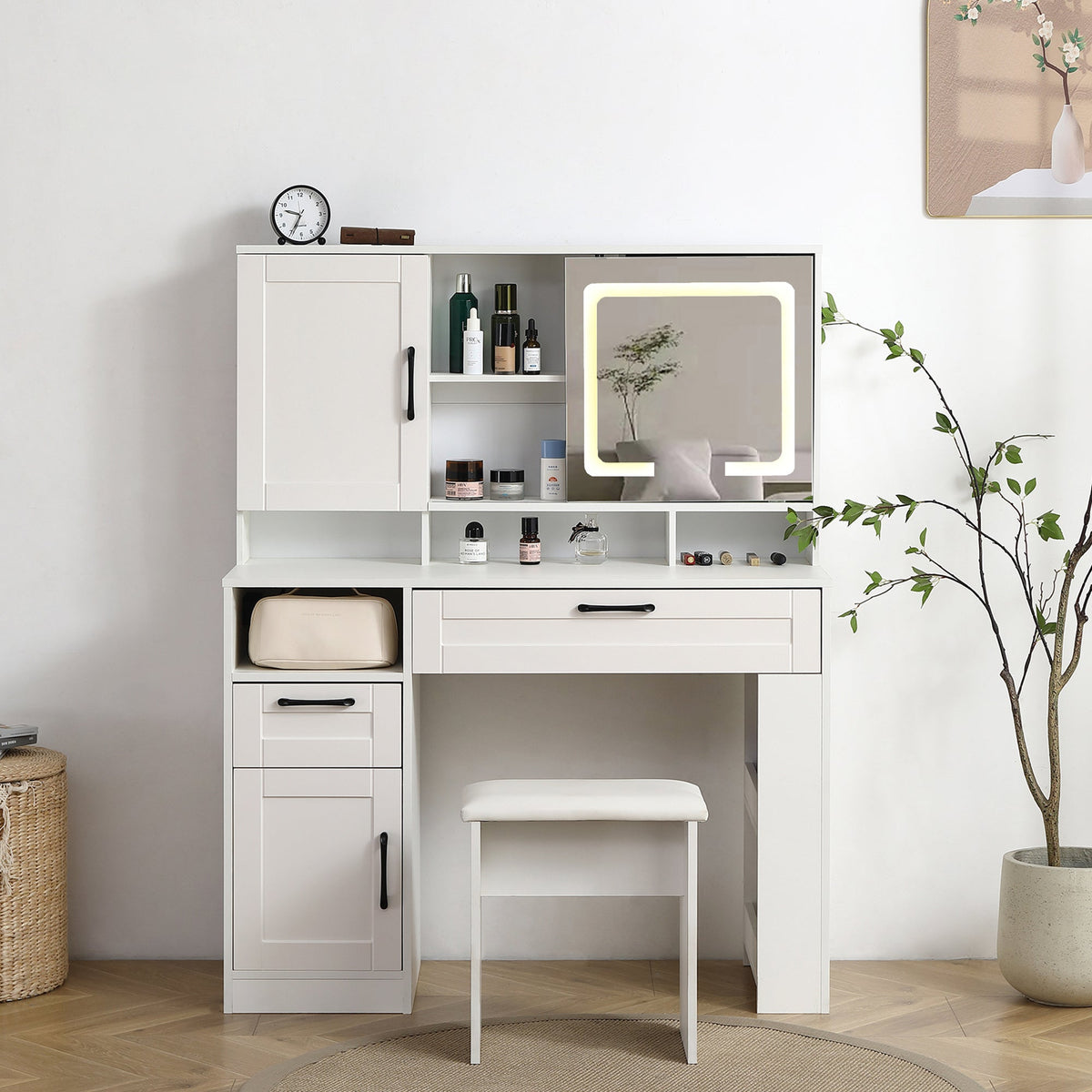 Vanity table with large sliding lighted mirror dressing table with 2 drawers storage shelves and upholstered stool white color
