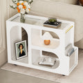 Stylish mobile desk with lockable wheels, white bedside table with 5mm thick grooved tempered glass and gold round bars