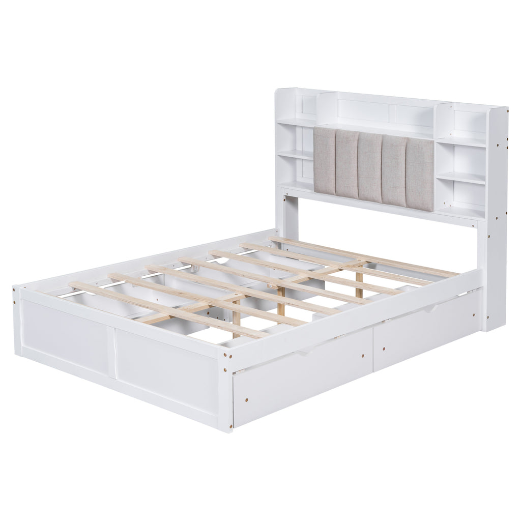 Multi-functional Full Size Bed Frame with 4 Under-bed Portable Storage Drawers and Multi-tier Bedside Storage Shelves White