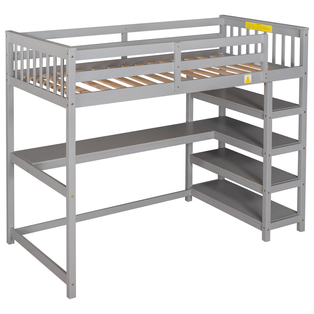 Twin Size Loft Bed with Storage Shelves and Under-bed Desk Gray
