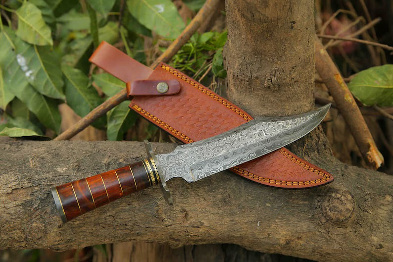 Handcrafted Damascus Steel Bowie Knife | Rosewood & Brass Handle with Damascus Steel Guard | Includes Leather Sheath