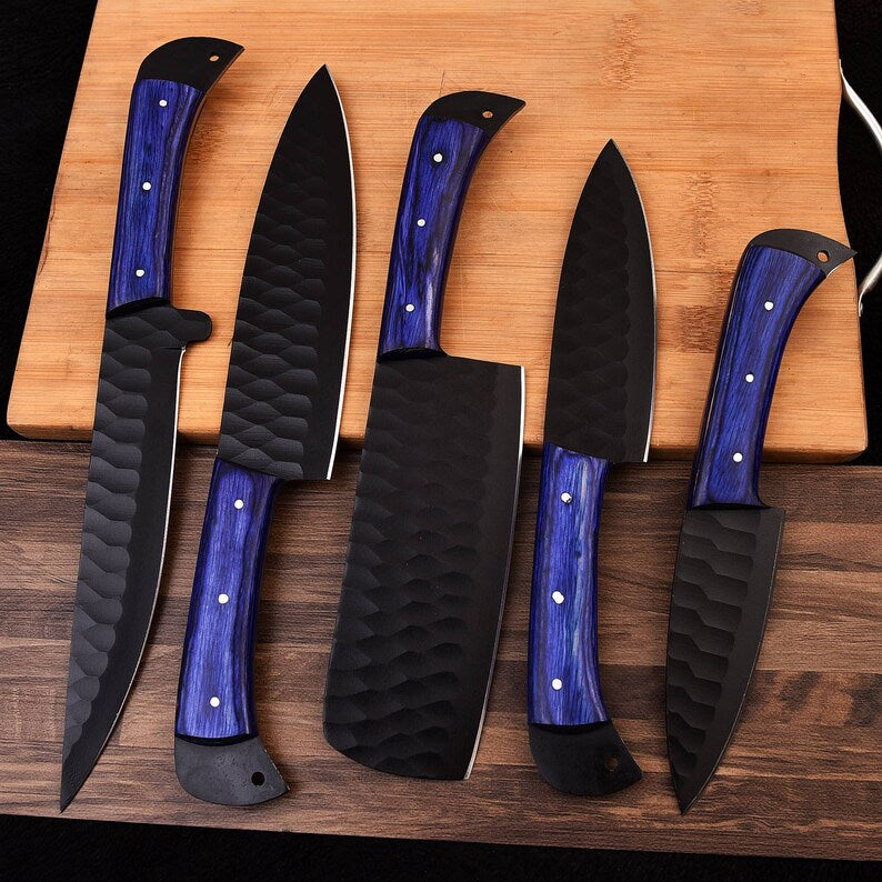 Hand Forged Damascus steel chef set of 5 knives Kitchen knife Gift for her Christmas gift Camping knife Gift for him Groomsmen gift