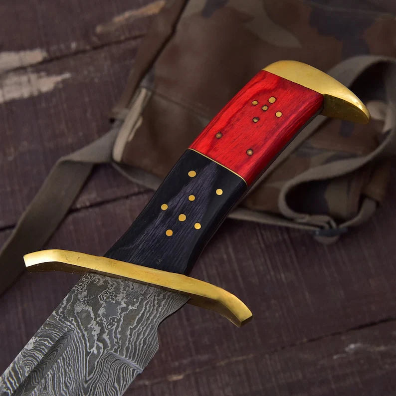 Premium Handmade Damascus Steel Rambo Bowie Knife with Brass Wood Handle & Leather Sheath