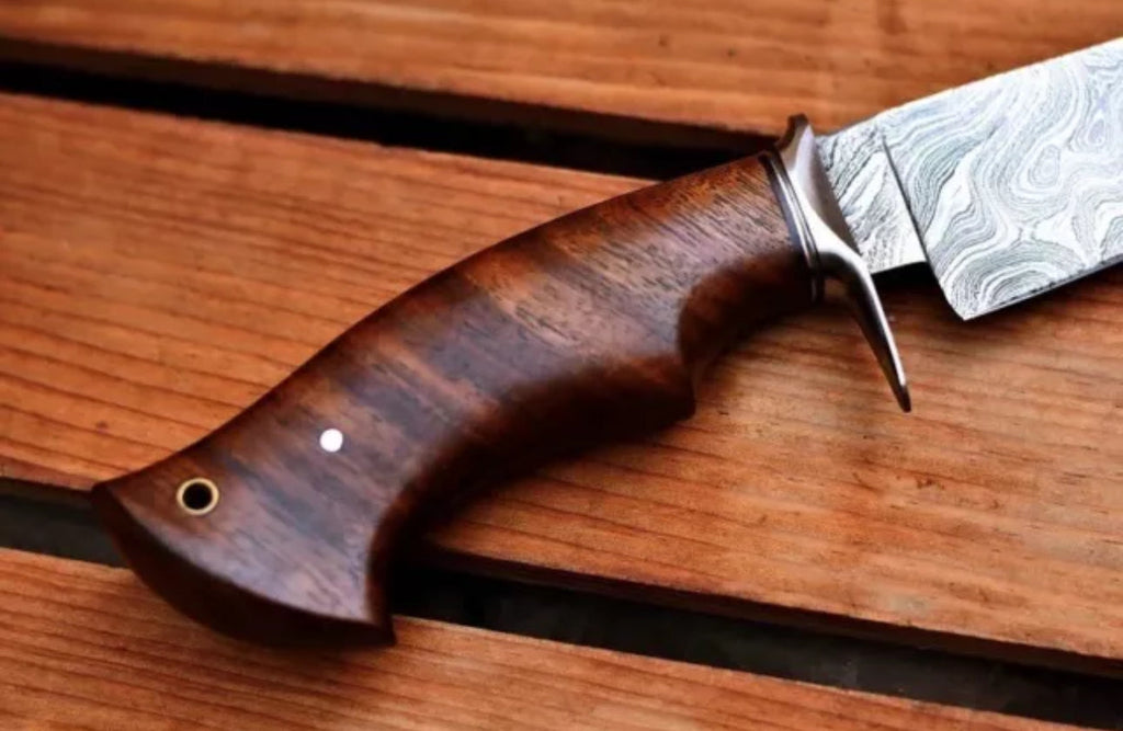 Custom Handmade Damascus Steel Bowie Knife with Steel Guard and Rosewood Handle, Includes Leather Sheath