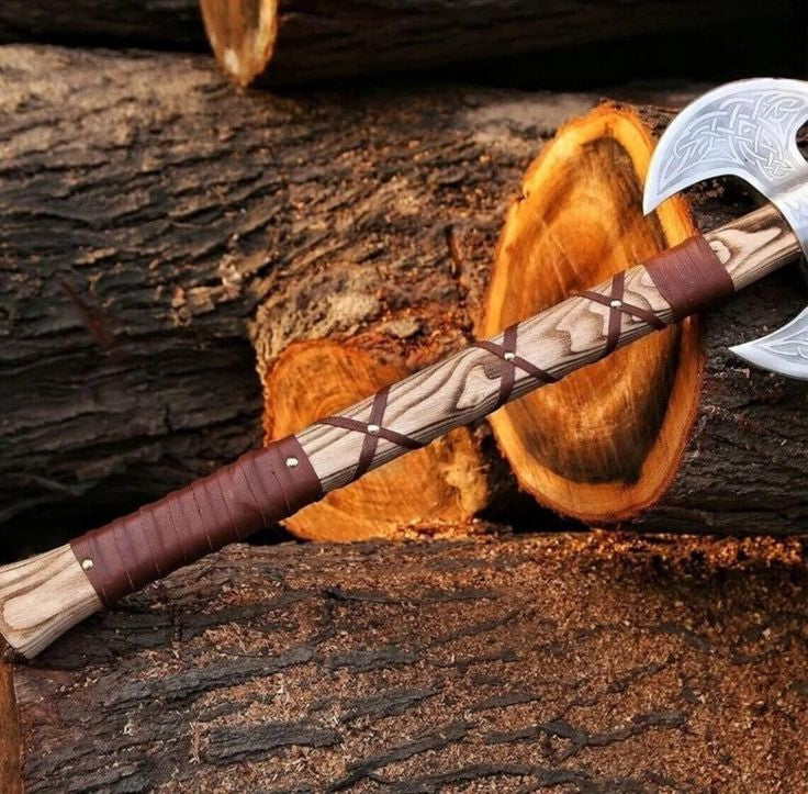 Custom Handmade Double-Blade Knife with Engraved D2 Steel & Ash Wood Handle – High Quality Leather Sheath Included