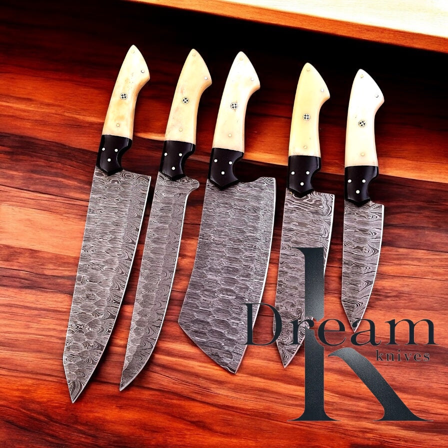 Best Japanese Kitchen Knife Set – 13" Damascus Steel Blades with Camel Bone Handles & Leather Roll Kit