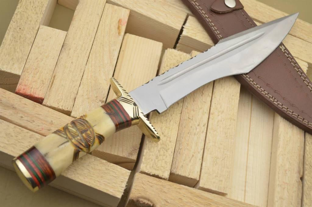 Custom Handmade J2 Steel Bowie Knife with Bone Handle and Brass Guard - 16”