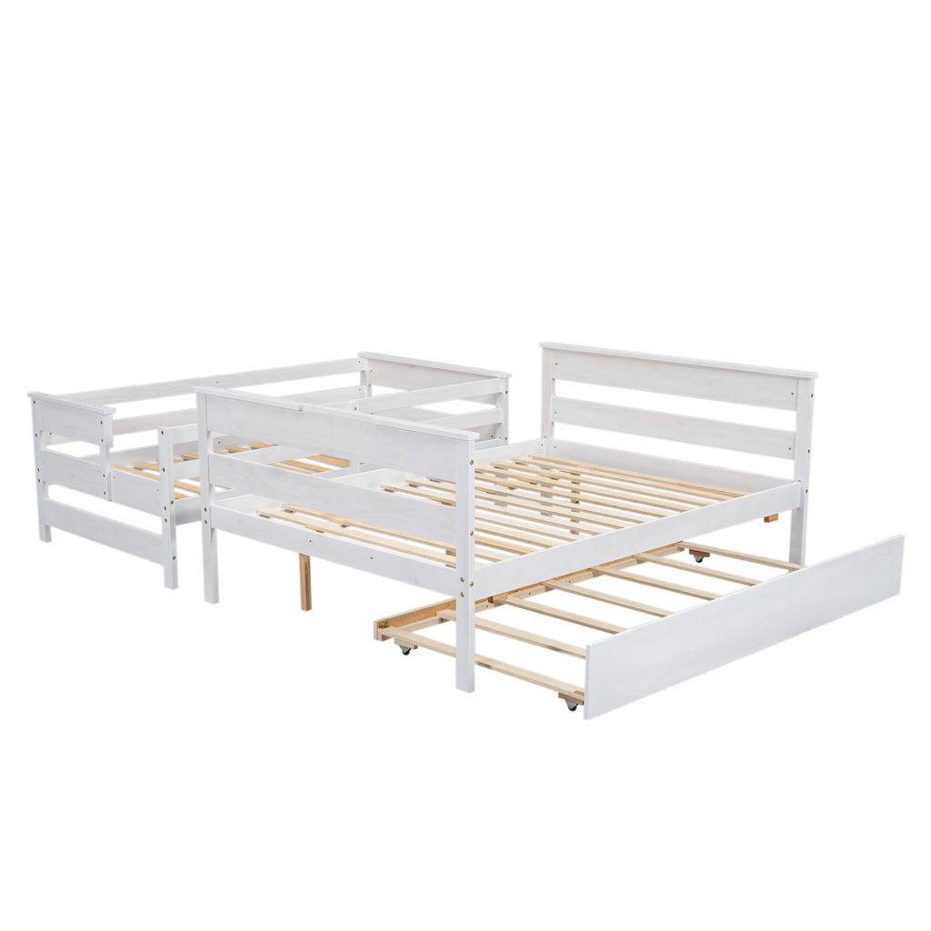 Wood Twin over Full Bunk Bed with Twin Size Trundle  White