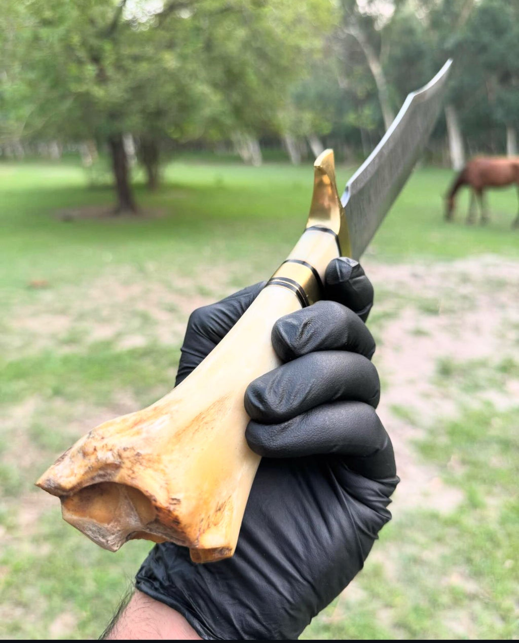 Luxurious Custom Handmade 16” Damascus Steel Bowie Knife with Brass Guard and Camel Bone Handle, Complete with Leather Sheath