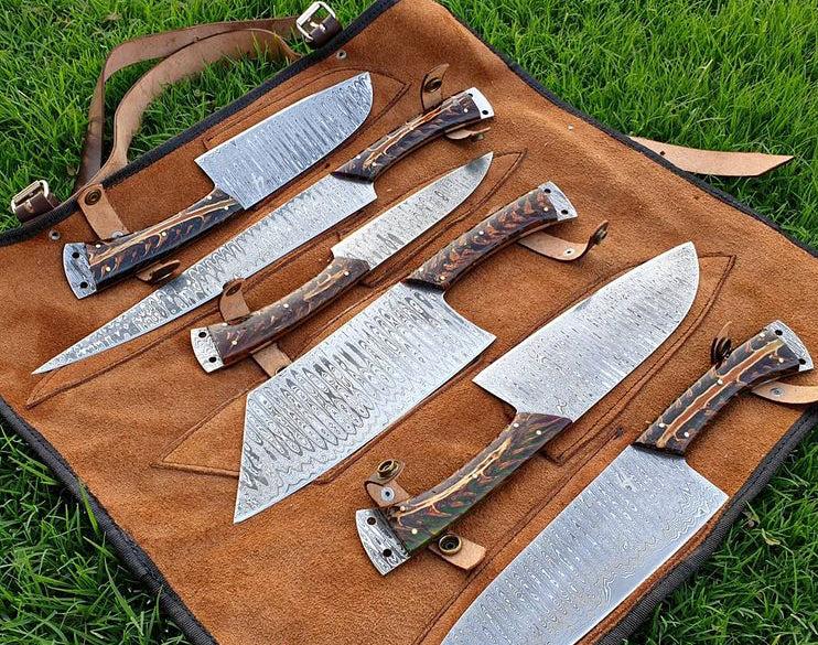 6 pieces custom made Damascus steel chef knives set