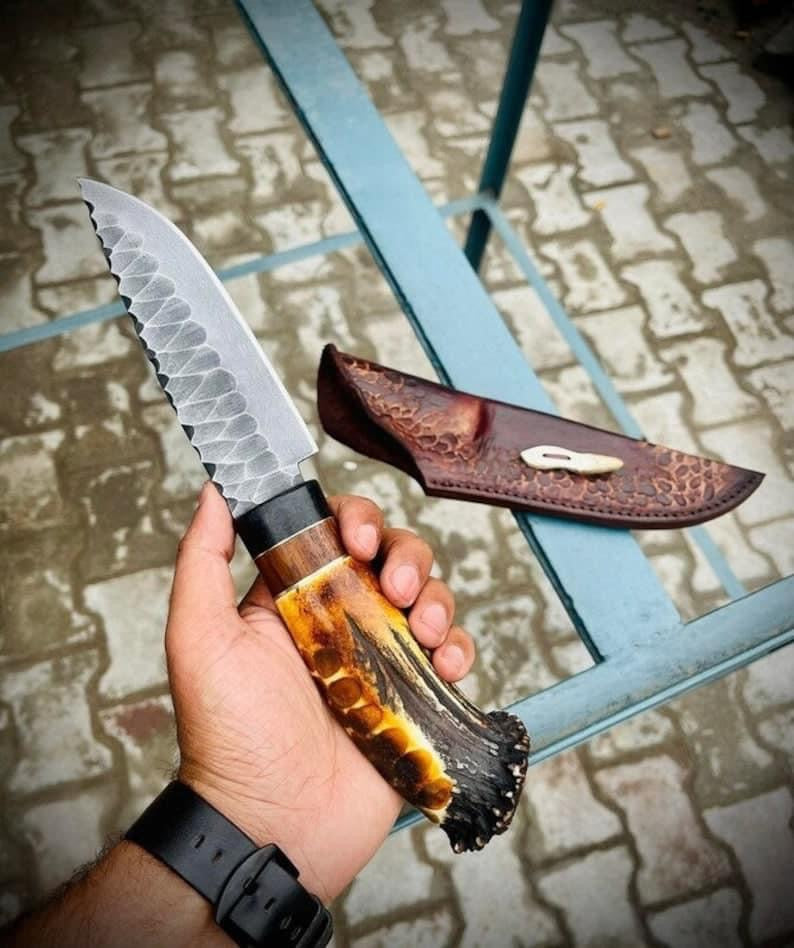 Custom Handmade J2 Steel Hand-Forged Bowie Knife with Stag Horn Handle - 14”