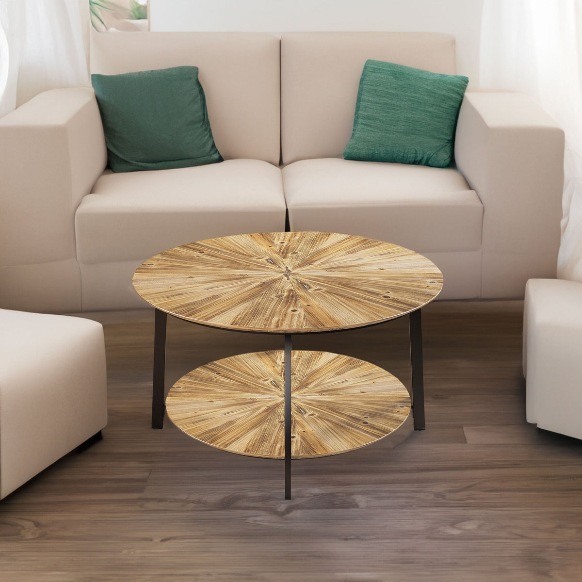 31.5 "Round Coffee Table Stand Wooden Double Layer Coffee Table with Open Storage Space and Metal Table Legs